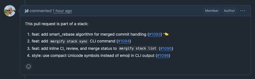 Stack comment showing PR position in the chain